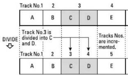 Track No.1 2 3 4 A B C D E Track No.3 is divided into C and D. Track No.1 2 3 4 Tracks Nos. are incre- mented. 5 A B C D E DIVIDE ↓