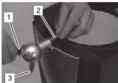 Diagram showing three labeled parts (1, 2, 3) of a mechanical or electrical component with a metallic knob and handle.