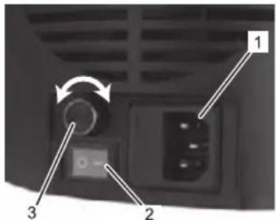Back panel diagram with labeled buttons and directional arrows indicating rotation or adjustment