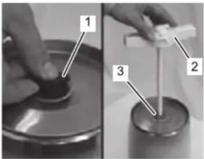 Diagram showing three steps of a mechanical or electrical component handling, labeled 1, 2, and 3.