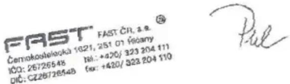 FAST" FAST ČR, a.e. ® Černokostelekka 1821, 251 01 Šćany IČQ: 26726548 191:+420/ 323 204 111 DIČ: CZ2672654B fax:+420/ 323 204 110 Pul