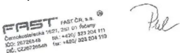 FAST" FAST CR, s.s. Černokosie/lecká 1621, 251 01 Řučany IČO: 26726548 IČL: +420/ 323 204 111 DIČ: CZ26726548 fax: +420/ 323 204 110