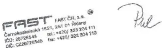 FAST FAST ČR, a.s. Čemokostelacká 1621, 251 01 Šidany IČO: 26726548 Rtl.: +420/ 323 204 111 DIČ: CZ26726548 Fax: +420/ 323 204 110