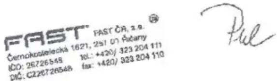FAST® FAST CR, 3.9. Černokoslochá 1621, 257 07 Čičany IČO: 26726548 10L: +420/ 323 204 111 DIČ: C226726548 fax: +420/ 323 204 110 Pul