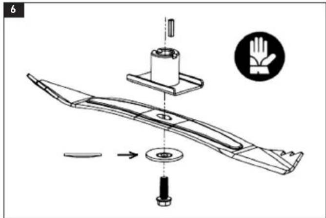 Technical diagram of a mechanical assembly with labeled parts and a hand icon indicating safety.