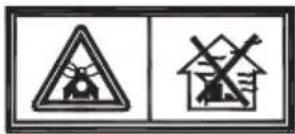 Two safety symbols: a warning triangle with a falling figure and a house with crossed lines indicating water or debris.