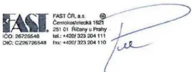 FAST ICÓ: 26726548 DIC: CZ26726548 FAST ČR. a.s. Čemokostelecká 1621 251 01 Řičany u Prahy tel.: +420/ 323 204 111 fax: +420/ 323 204 110