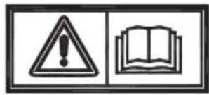 Warning symbol and open book icon with exclamation mark and text