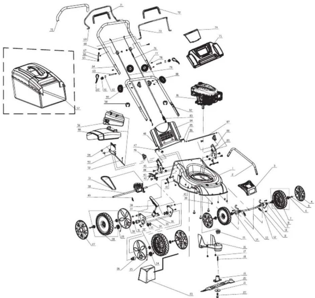 Exploded view diagram of a mechanical device with numbered parts and exploded view, including a labeled case and internal components.