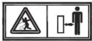 Safety warning sign showing a person inside a triangle with a pictogram and a human figure pointing to a barrier