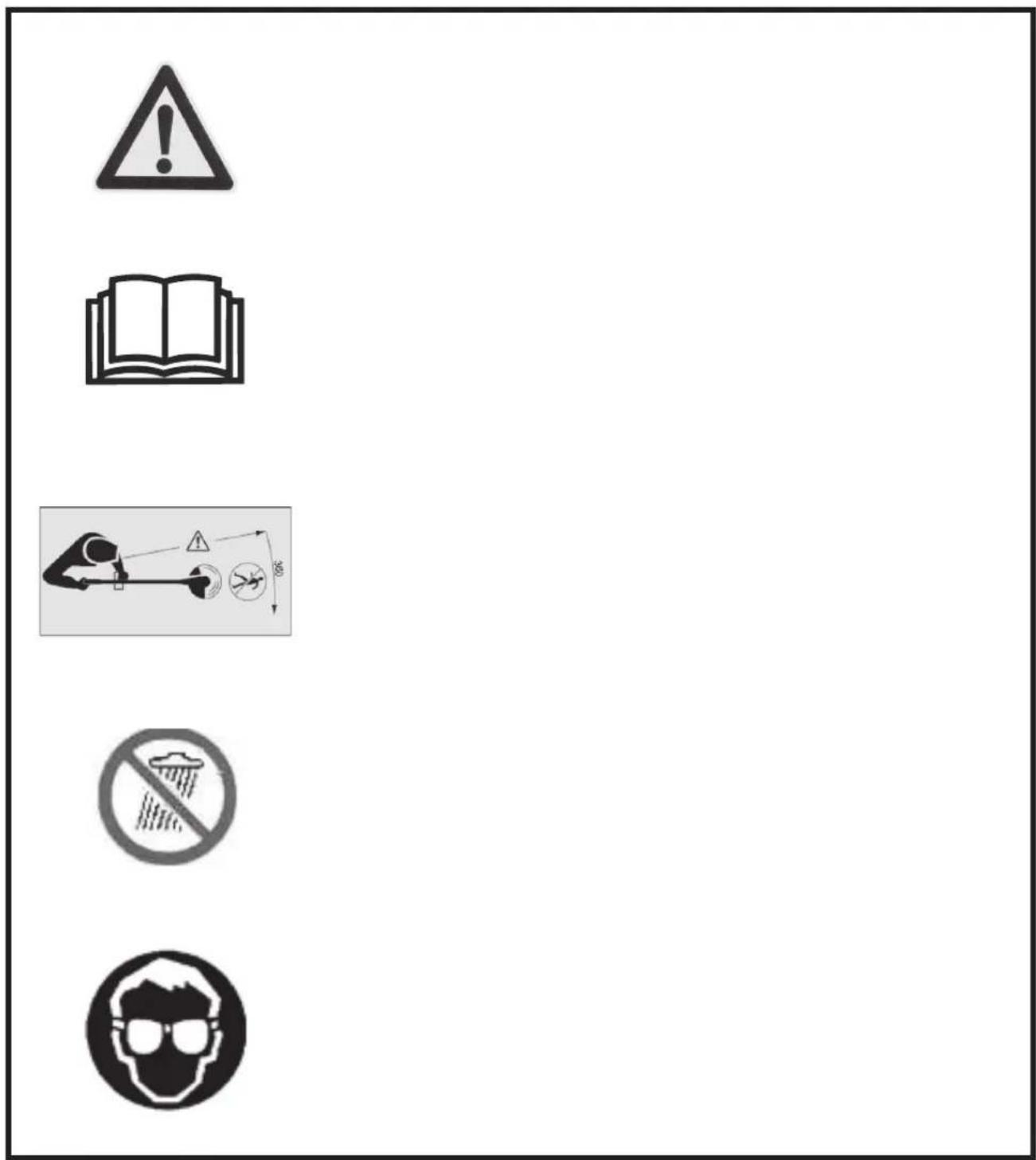 Warning sign with warning symbols and icons: warning triangle, open book, safety instruction, trash bin, and person wearing glasses