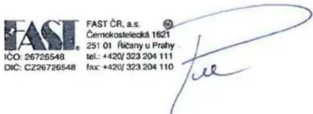 FAST ICÓ: 26726548 DIC: CZ26726548 FAST ČR, a.s. Čemokostelecká 1621 251 01 Řičany u Prahy tel.: +420/ 323 204 111 fax: +420/ 323 204 110