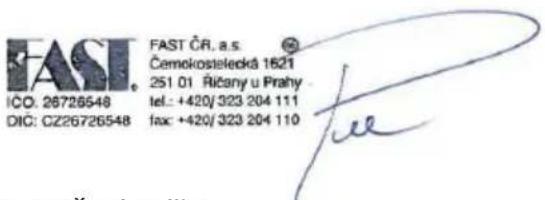 FAST. IC0: 26726548 DIC: CZ26726548 FAST ČR. a.s. Čemokostelecká 1621 251.01. Ričany u Prahy tel.: +420/ 323 204 111 fax: +420/ 323 204 110