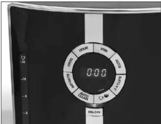 0:00 MIN HOUR PROG AUTO AUTO OFF AUTO QUAN 24 CUPS ON/OFF