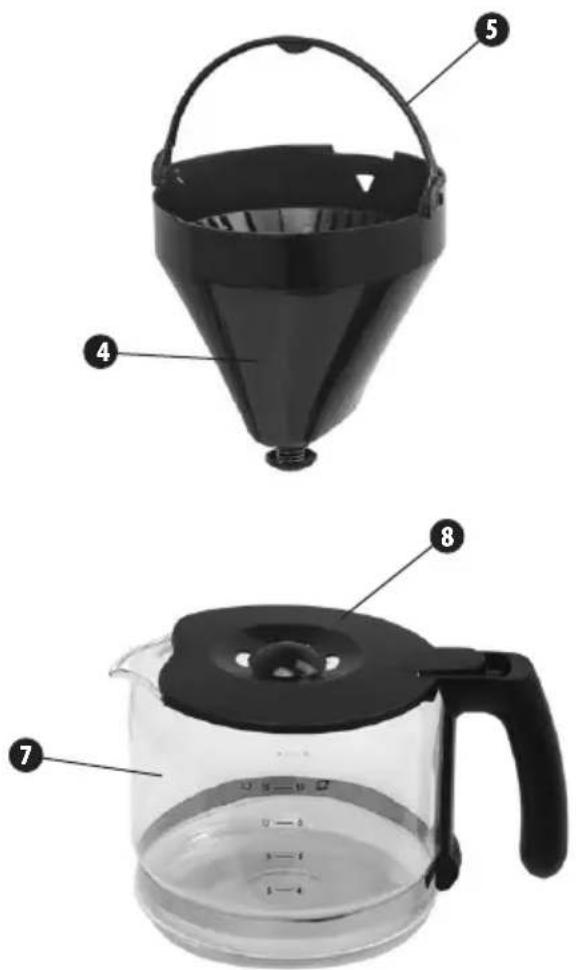 Diagram of a coffee maker with labeled parts including a conical hopper and a clear glass container