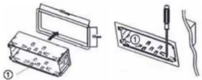 Technical diagram showing assembly steps of a battery pack with labeled components and tool insertion