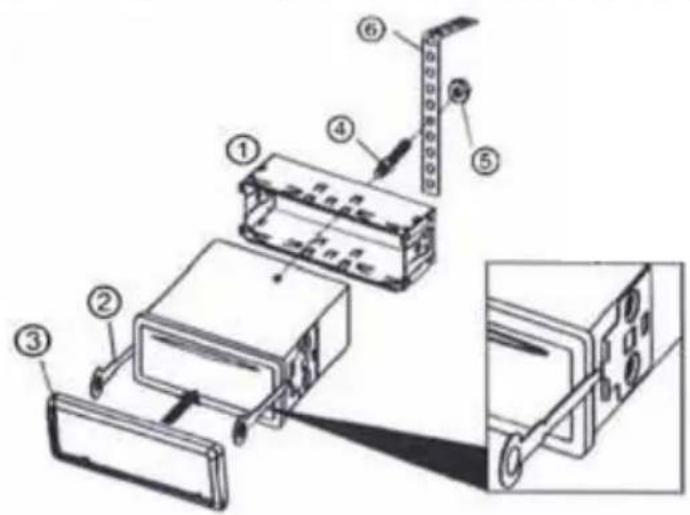 Technical diagram of an electronic device with numbered components and exploded view