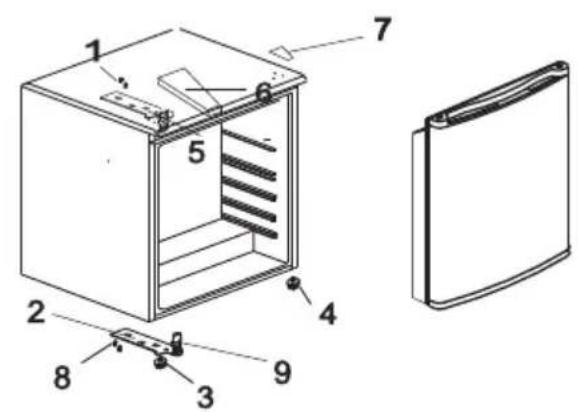 Technical diagram of a refrigerator with numbered components and labeled parts