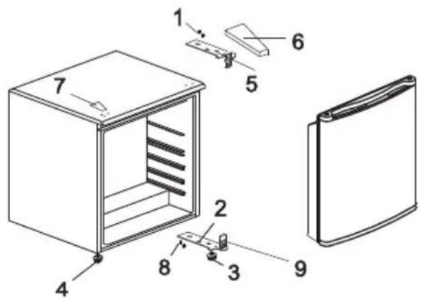 Technical diagram of a refrigerator with numbered parts for identification