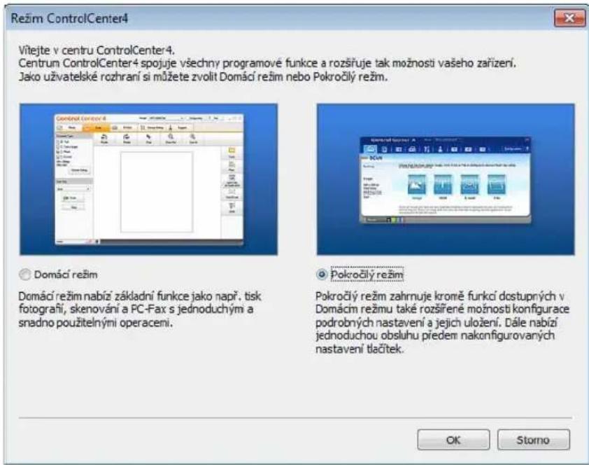 Režim ControlCenter4 Vítejte v centru ControlCenter4. Centrum ControlCenter4 spojuje všechny programové funkce a rozšíruje tak možnosti vašeho zařízení. Jako uživatelské rozhraní si můžete zvolit Domácí režim nebo Pokročilý režim. Domácí režim Domácí režim nabíží základní funkce jako např. tisk fotografí, skenování a PC-Fax s jednoduchými a snadno použitelnými operacemi. Pokročilý režim Pokročilý režim zahrnuje kromě funkcí dostupných v Domácím režimu také rozšířené možnosti konfigurace podrobných nastavení a jejich uložení. Dále nabíží jednoduchou obsluhu předem nakonfigurovaných nastavení tlačítek. OK Storno