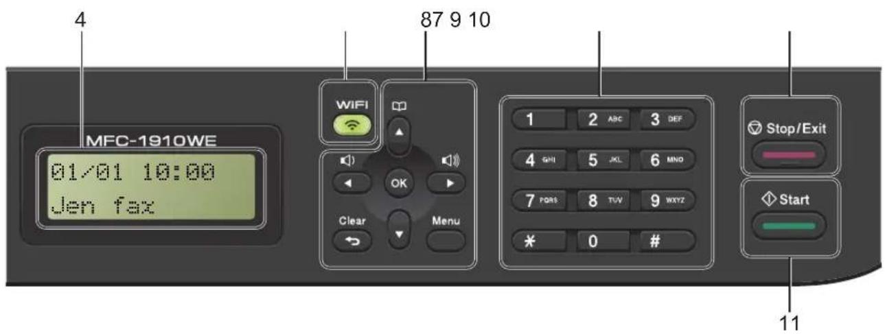 4 MFC-1910WE 01/01 10:00 Jen fax 87 9 10 WiFi OK Clear Menu 1 2 ABC 3 DEF 4 GHI 5 JXL 6 MNO 7 PQRS 8 TUV 9WXYZ * 0 # Stop/Exit Start 11