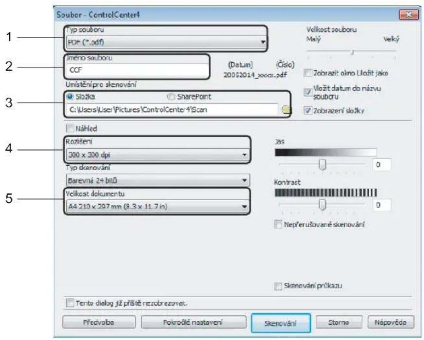 Soubor - ControlCenter4 Typ souboru PDF (*.pdf) Iméno souboru CCF (Datum) 20052014_xoox.pdf Umístění pro skenování Složka SharePoint C:\Users\User\Pictures\ControlCenter4\Scan Velkost souboru Malý Velký Zobrazit okno Lložit jako Vložit datum do názvu souboru Zobrazení složky Náhled Rozření 300 x 300 dpi Typ skenování Barevná 24 bitů Velikost dokumentu A4 210 x 297 mm (8.3 x 11.7 in) Jas 0 Kontrast 0 Nepřerušované skenování Skenování průkazu Tento dialog jž přístě nezobrezovet. Předvalba Pokrošlé nastavení Skenování Storno Nápovčdo