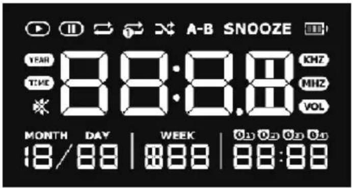 A-B SNOOZE YEAR 88:8.8 KHZ TIME * VOL MONTH DAY WEEK 01 02 03 04 18/88 | 888 | 88:88