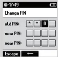 17:49 Change PIN old PIN: ★ ★ 0 new PIN: new PIN: Escape ←