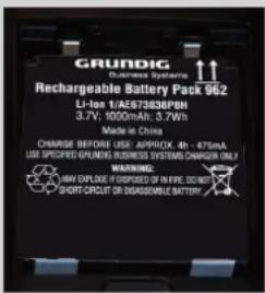 GRUNDIG Rechargeable Battery Pack 962 Li-Ion 1/AE673838PH 3.7V, 1000mAh, 3.7Wh Made in China CHARGE BEFORE USE: APPROX. 4th : 475mA USE SPECIFIED GROUNDING BUSINESS SYSTEMS CHARGER ONLY WARNING: MINI EXPLORCE IF ESPOSED IN FIRE. DO NOT SHORT-CIRCUIT OR REBEAMABLE BATTERY