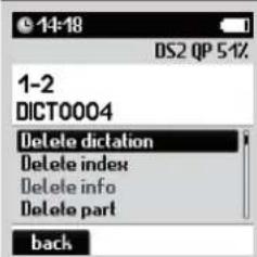 1-2 DICT0004 Delete dictation Delete index Delete info Delete part back
