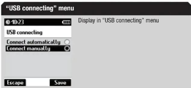 "USB connecting" menu 10-23 USB connecting Connect automatically ○ Connect manually ○ Display in "USB connecting" menu Escape Save