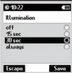 10:22 Illumination off 15 sec 30 sec always Escape Save