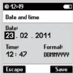 12:49 Date and time Date: 23.02.2011 Time: 12:47 Format: DDMMVVVV Escape Save