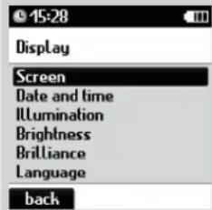 45:28 Display Screen Date and time Illumination Brightness Brilliance Language back