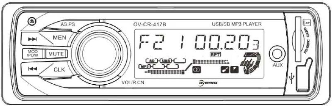 AS PS MEN MOD IPOW MUTE CLK OV-CR-417B USB/SD MP3 PLAYER F:2 1 00.203 RPT SD USE MP3 VOL/R.CN OVERMAX AUX SD/MHz CARD
