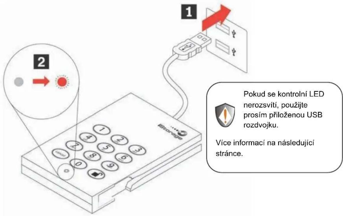 Pokud se kontrolní LED nerozsvití, použijte prosím přiloženou USB rozdvojku. Vice informací na následující stránce.