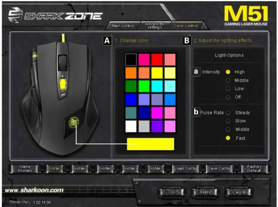 SHARK ZONE Main control Advanced settings Color control M51 GAMING LASER MOUSE A 1. Change color B 2. Adjust the lighting effects Light-Options a Intensity ● High ○ Middle ○ Low ○ Off b Pulse Rate ○ Steady ○ Slow ○ Middle ● Fast Game Profiles Profile 1 Profile 2 Profile 3 Profile 4 Profile 5 Load Config Save Config Factory Default www.sharkoon.com Driver Ver: 1.02.14.04 OK Apply Cancel