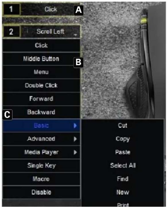 1 Click 2 Scroll Left Click Middle Button Menu Double Click Forward Backward C Basic Advanced Media Player Single Key Macro Disable Cut Copy Paste Select All Find New Print