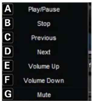 A Play/Pause B Stop C Previous D Next E Volume Up F Volume Down G Mute