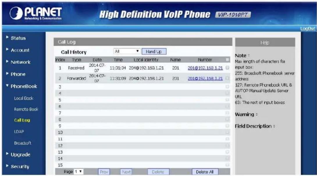 PLANET Networking & Communications High Definition VoIP Phone VIP-1010PT LogOut Status Account Network Phone PhoneBook Local Book Remote Book Call Log LDAP Broadsoft Upgrade Security Call Log All Hand Up Index Type Data Time Local Identity Name Number 1 Received 2014-07-07 11:31:34 201@192.158.1.21 201 201@192.158.1.21 2 Forwarded 2014-07-07 11:31:09 201@192.158.1.21 201 201@192.158.1.21 3 4 5 6 7 8 9 10 11 12 13 14 15 Page 1 Prev Next Delete Delete All Note : Max length of characters for input box: 255: Broadsoft Phonebook server address 127: Remote Phonebook URL & AUTOP Manual Update Server URL 63: The rest of input boxes Warning : Field Description :