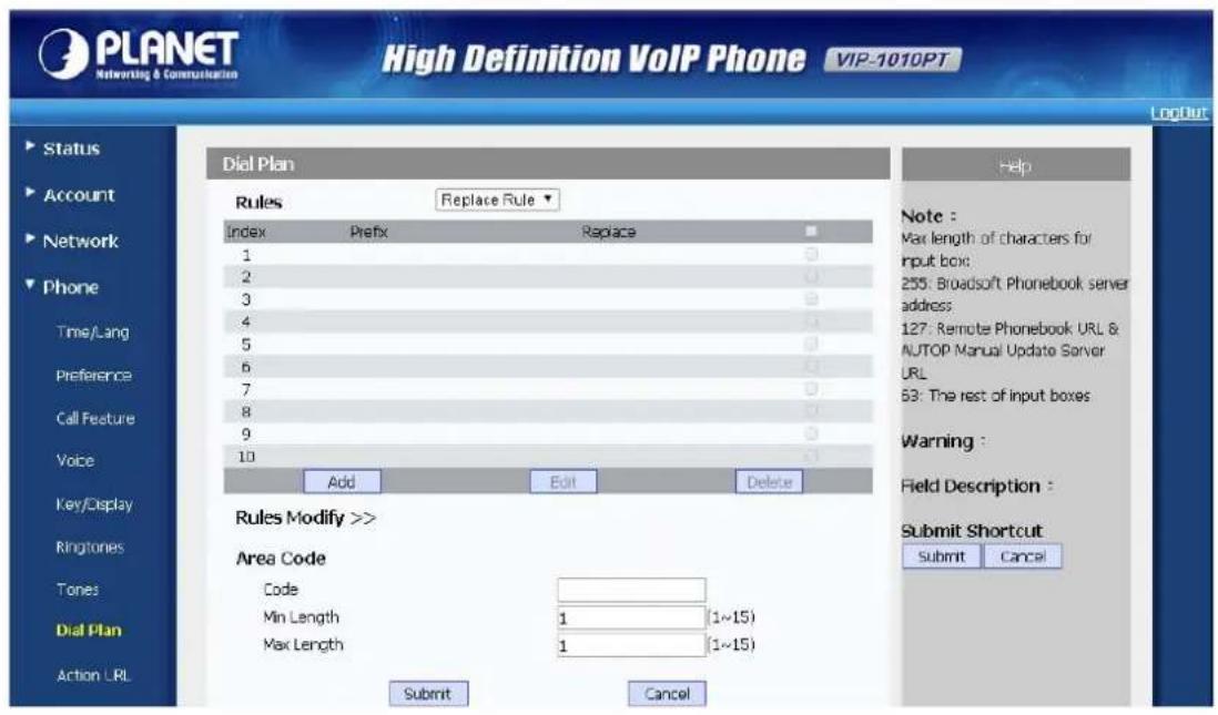 PLANET Networking & Communication High Definition VoIP Phone VIP-1010PT LogOut Status Account Network Phone Time/Lang Preference Call Feature Voice Key/Display Ringtones Tones Dial Plan Action LRL Dial Plan Rules Replace Rule ▼ Index Prefix Replace 1 0 2 0 3 0 4 0 5 0 6 0 7 0 8 0 9 0 10 0 Add Edit Delete Rules Modify >> Area Code Code Min Length 1 (1~15) Max Length 1 (1~15) Submit Cancel Help Note : Max length of characters for input box; 255: Broadsoft Phonebook server address; 127: Remote Phonebook URL & AUTOP Manual Update Server URL; 63: The rest of input boxes Warning : Field Description : Submit Shortcut Submit Cancel