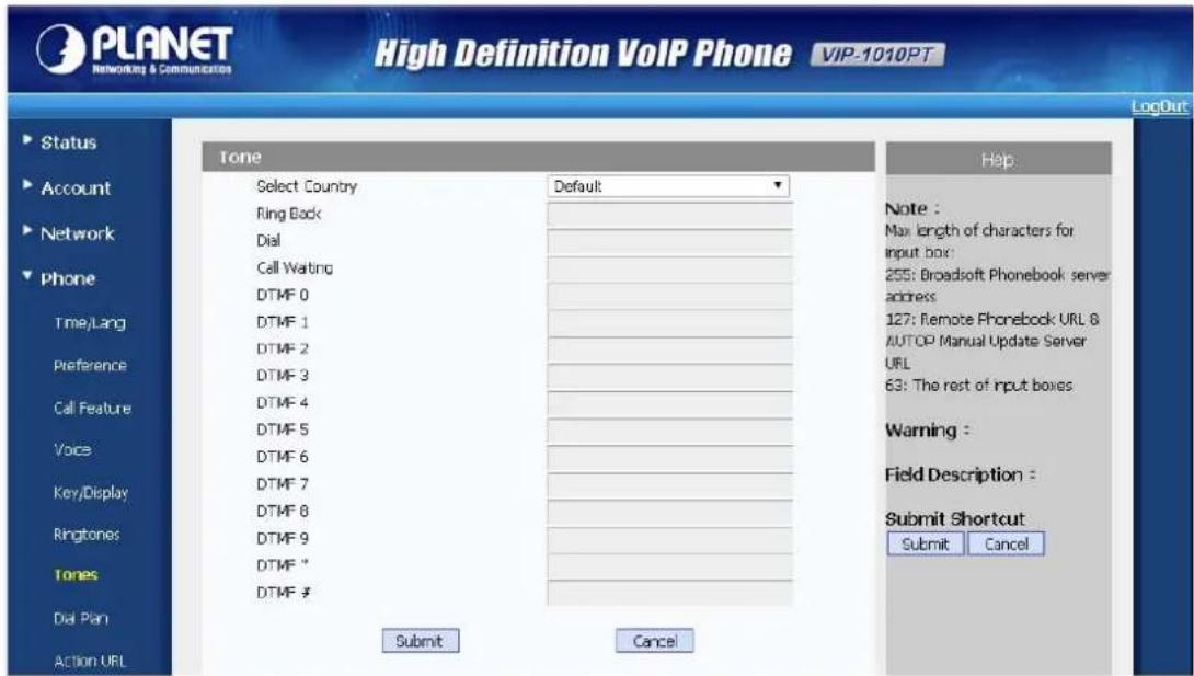 PLANET Networking & Communication High Definition VoIP Phone VIP-1010PT LogOut Status Account Network Phone Time/Lang Preference Call Feature Voice Key/Display Ringtones Tones Dial Plan Action URL Tone Select Country Default Ring Back Dial Cell Waiting DTMF 0 DTMF 1 DTMF 2 DTMF 3 DTMF 4 DTMF 5 DTMF 6 DTMF 7 DTMF 8 DTMF 9 DTMF * DTMF # Help Note : Max length of characters for input box: 255: Broadsoft Phonebook server address 127: Remote Phonebook URL & AUTOP Manual Update Server URL 63: The rest of input boxes Warning : Field Description : Submit Shortcut Submit Cancel Submit Cancel