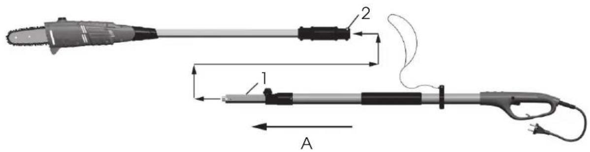 Technical diagram of a handheld electric shock absorber with labeled parts and dimensional annotations