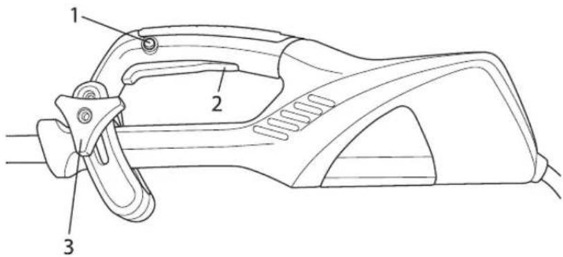 Technical diagram of a handheld electric shaver with labeled parts 1, 2, and 3