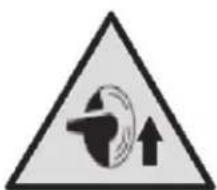 Warning sign depicting a circular object with an arrow and upward arrow, indicating a warning or hazard symbol.