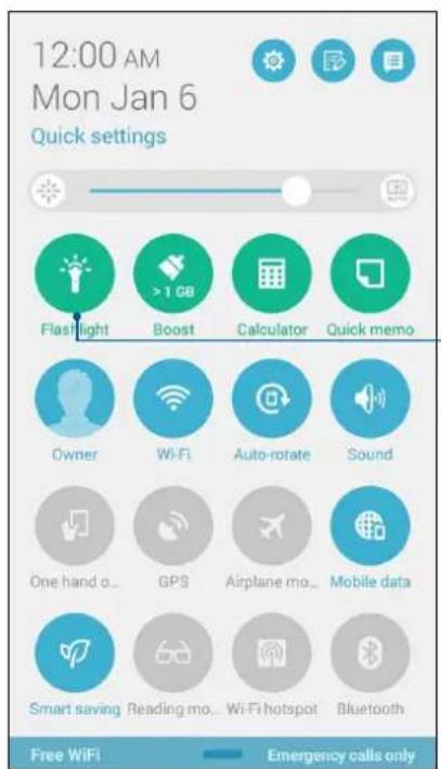 12:00 AM Mon Jan 6 Quick settings Flashlight Boost Calculator Quick memo Owner Wi-Fi Auto-rotate Sound One hand o... GPS Airplane mo... Mobile data Smart saving Reading mo... Wi-Fi hotspot Bluetooth Free WiFi Emergency calls only