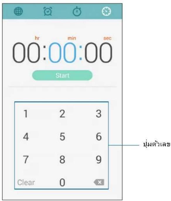 hr min sec 00:00:00 Start 1 2 3 4 5 6 7 8 9 Clear 0 × ปุ่มตัวเลข