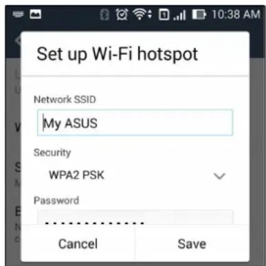 Set up Wi-Fi hotspot Network SSID My ASUS Security WPA2 PSK Password Cancel Save