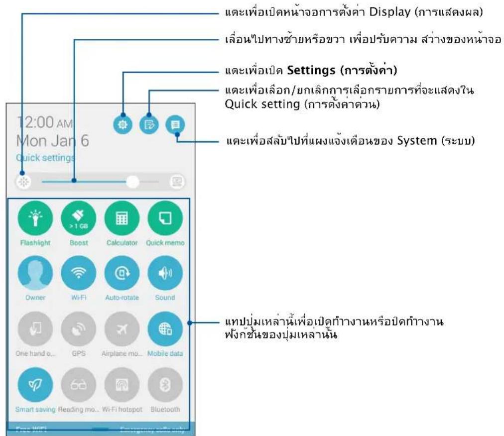 12:00 AM Mon Jan 6 Quick settings Flashlight >1 GB Boost Calculator Quick memo Owner WiFi Auto-rotate Sound One hand o... GPS Airplane mo... Mobile data Smart saving Reading mo... Wi-Fi hotspot Bluetooth แต่เพื่อเปิดหน้าจอการตั้งค่า Display (การแสดงผล) เลื่อนไปทางช้ายหรือขวา เพื่อปรับความ สว่างของหน้าจ่อ แต่เพื่อเปิด Settings (การตั้งค่า) แต่เพื่อเลือก/ยกเลิกการเลือกรายการที่จะแสดงใน Quick setting (การตั้งค่าด่วน) แต่เพื่อสลับไปที่ Wareนแจ้งเตือนของ System (ระบบ) แต่ปุ่มเหล่านี้เพื่อเปิดกํางานหรือปิดกํางานฟังกชื้นของปุ่มเหล่านี้ Free WiFi Emergency calls only