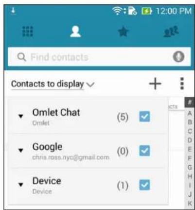 12:00 PM Find contacts Contacts to display Omlet Chat Omlet (5) Google chris.ross.nyc@gmail.com (0) Device Device (1)